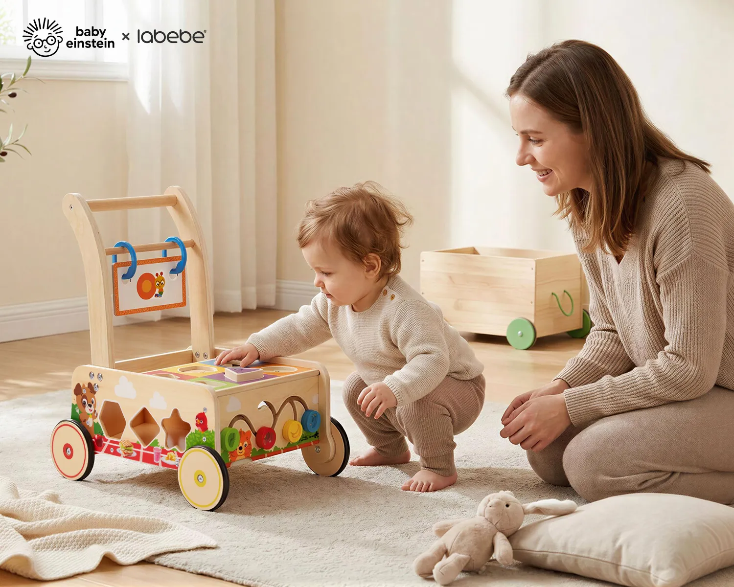 Baby Einstein x Labebe wooden Montessori baby walker with activity center helps a toddler practice first steps while playing indoors with a parent